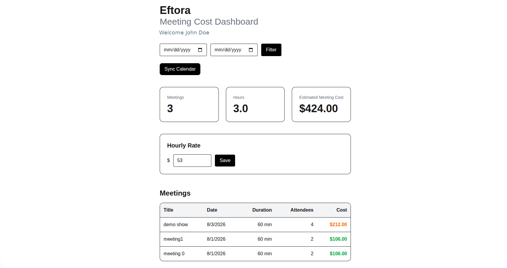 Eftora dashboard